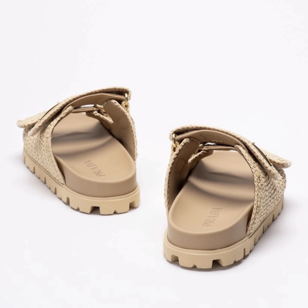 PRADA triangle logo raffia double strap leather slides sandals - Picture 4 of 5